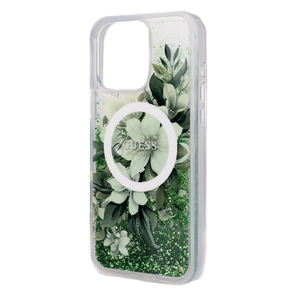 Apple iPhone 16 Pro Max Case Guess Original Licensed M-safe Charging Feature Liquid Glitter Flower Patterned Cover Beige