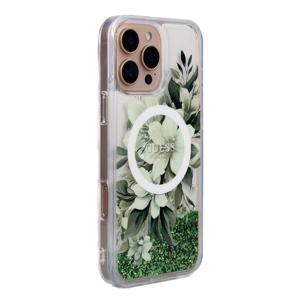 Apple iPhone 16 Pro Max Case Guess Original Licensed M-safe Charging Feature Liquid Glitter Flower Patterned Cover Beige