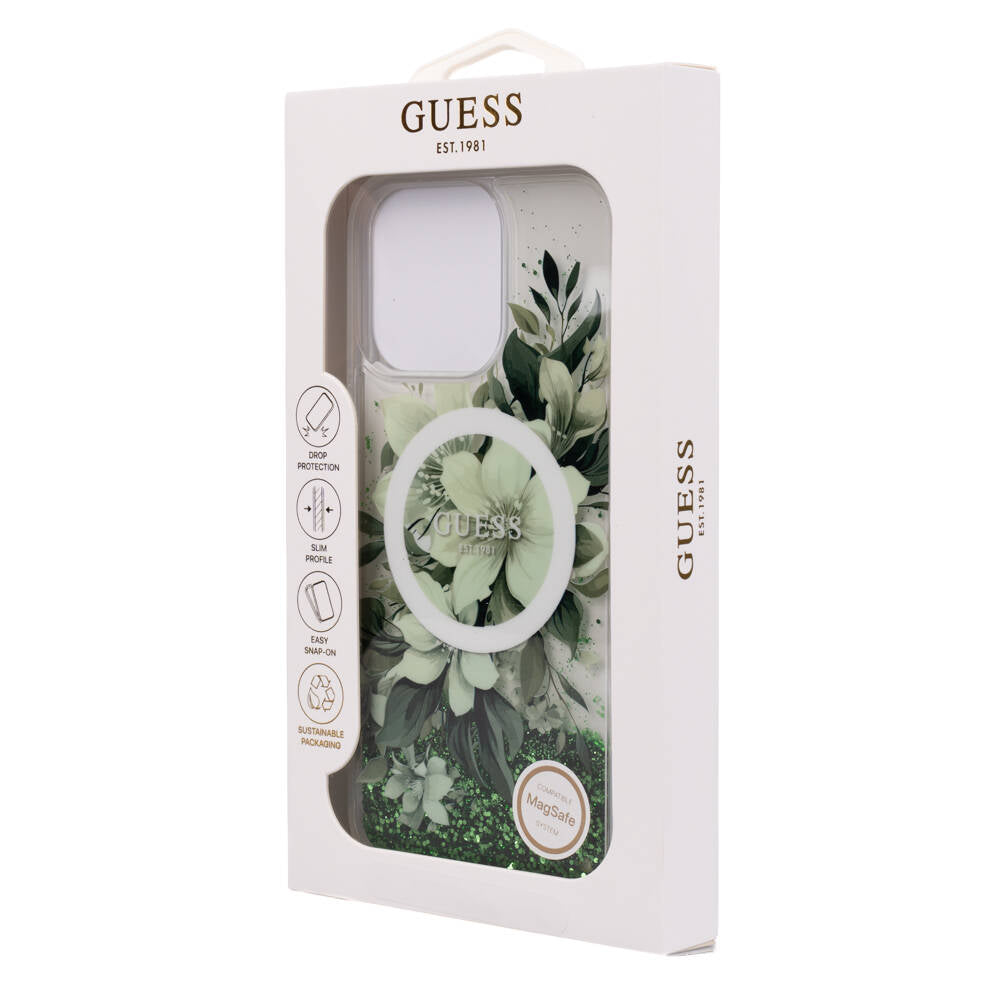 Apple iPhone 16 Pro Max Case Guess Original Licensed M-safe Charging Feature Liquid Glitter Flower Patterned Cover Beige