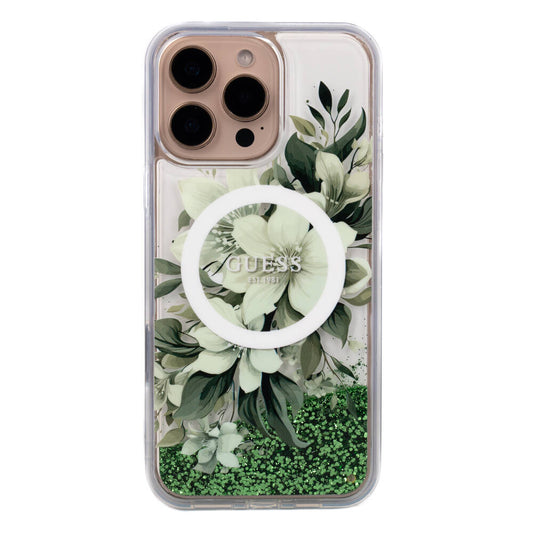 Apple iPhone 16 Pro Max Case Guess Original Licensed M-safe Charging Feature Liquid Glitter Flower Patterned Cover Green
