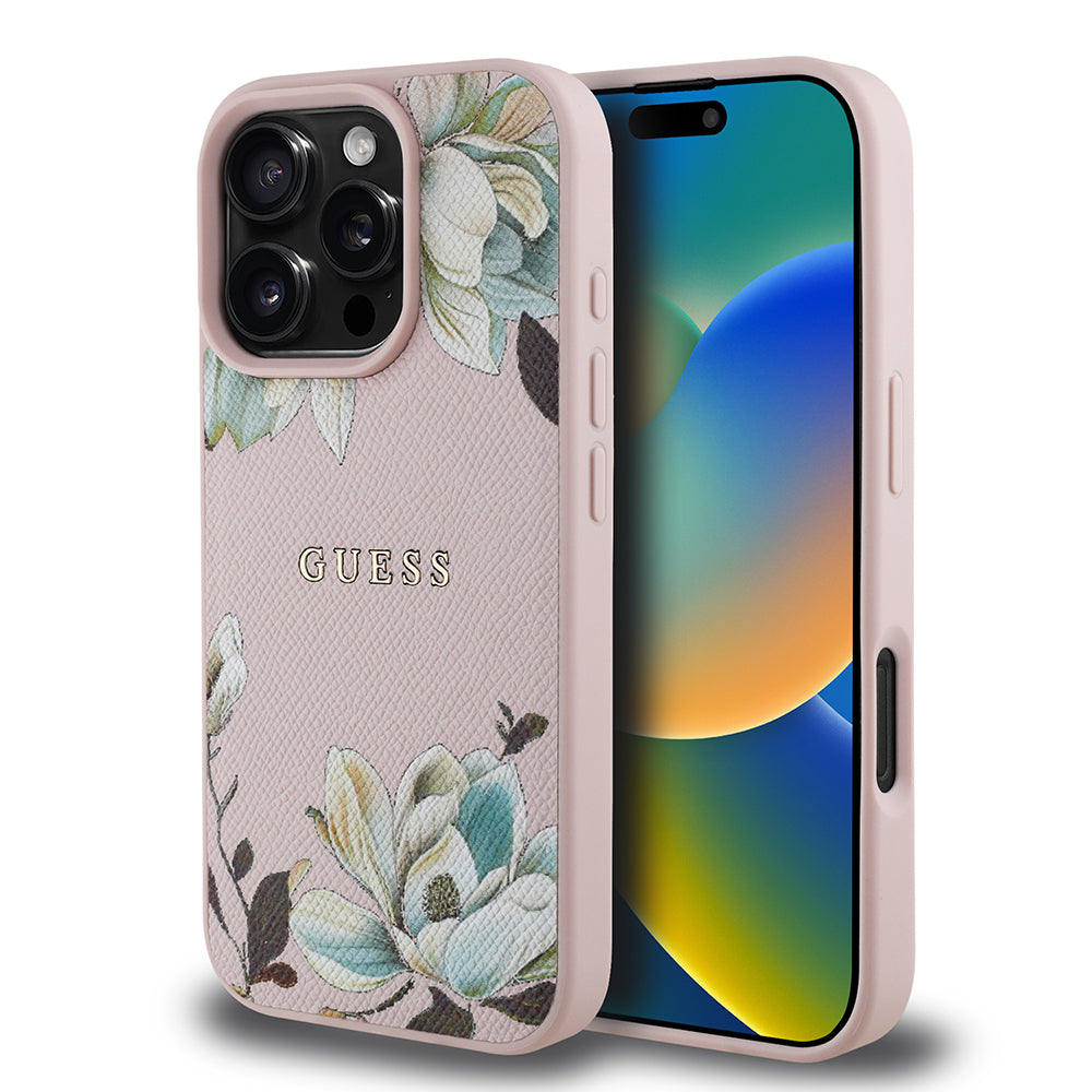Apple iPhone 16 Pro Max Case Guess Original Licensed M-safe Charging Feature Grained Flower Design Metal Lettering Logo Cover Pink
