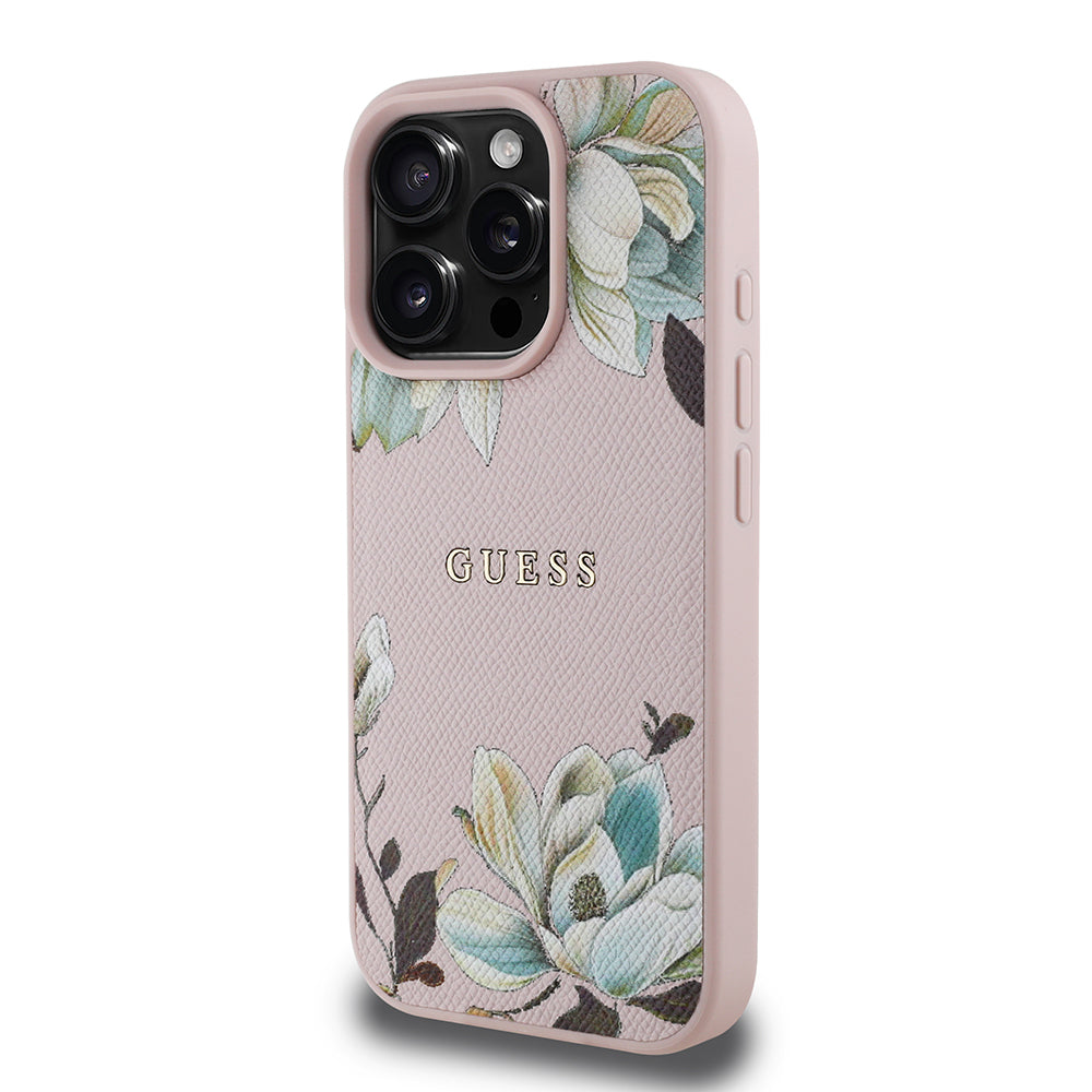 Apple iPhone 16 Pro Max Case Guess Original Licensed M-safe Charging Feature Grained Flower Design Metal Lettering Logo Cover Black