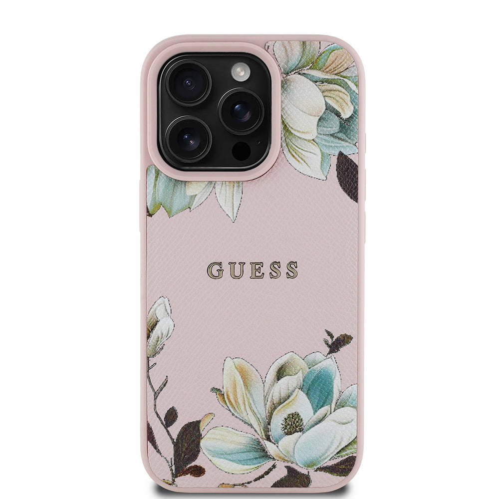 Apple iPhone 16 Pro Max Case Guess Original Licensed M-safe Charging Feature Grained Flower Design Metal Lettering Logo Cover Pink
