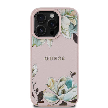 Apple iPhone 16 Pro Max Case Guess Original Licensed M-safe Charging Feature Grained Flower Design Metal Lettering Logo Cover Pink