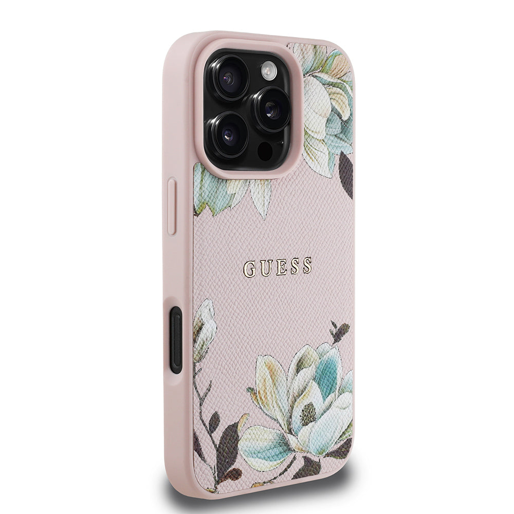 Apple iPhone 16 Pro Max Case Guess Original Licensed M-safe Charging Feature Grained Flower Design Metal Lettering Logo Cover Pink