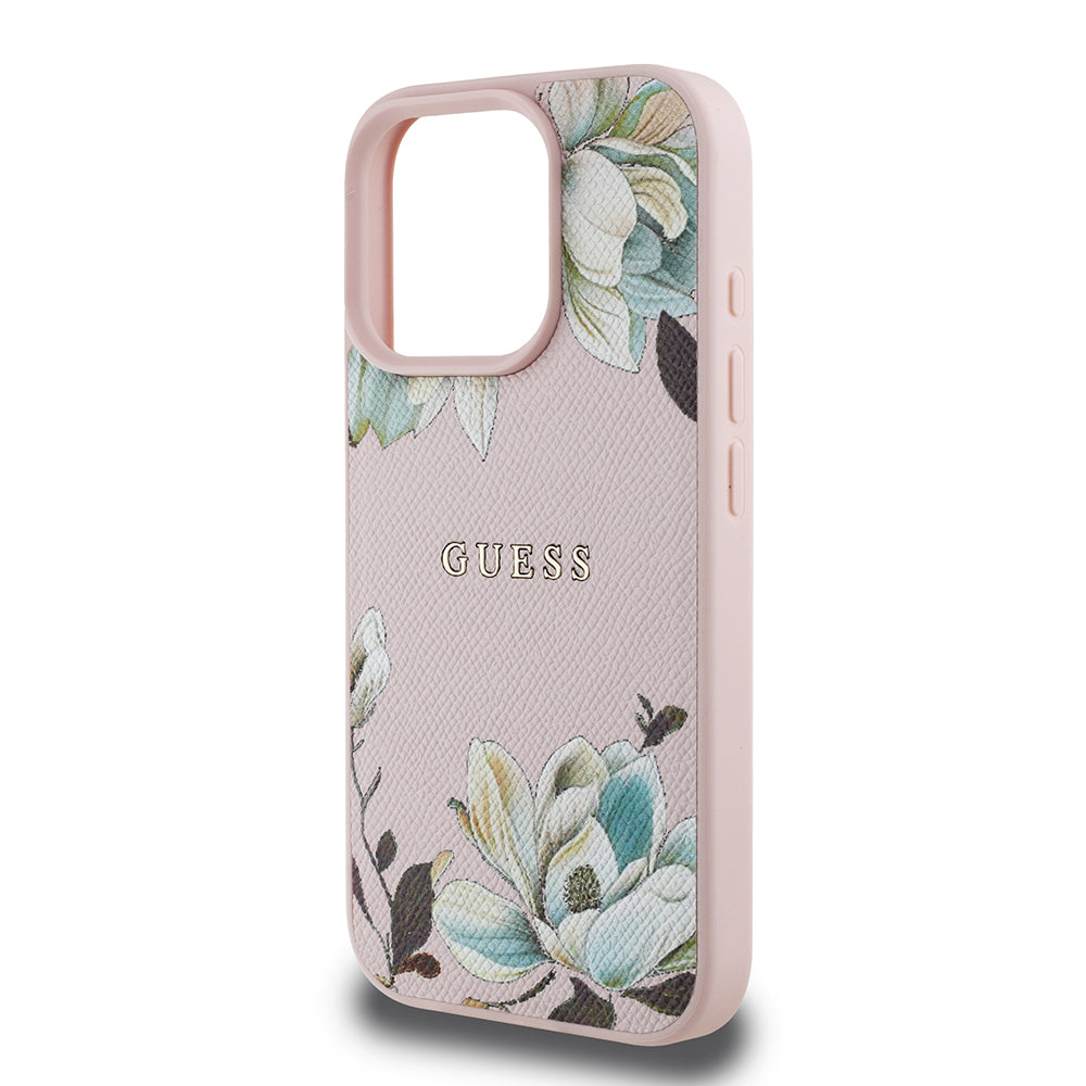 Apple iPhone 16 Pro Max Case Guess Original Licensed M-safe Charging Feature Grained Flower Design Metal Lettering Logo Cover Black