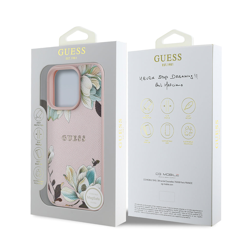 Apple iPhone 16 Pro Max Case Guess Original Licensed M-safe Charging Feature Grained Flower Design Metal Lettering Logo Cover Pink