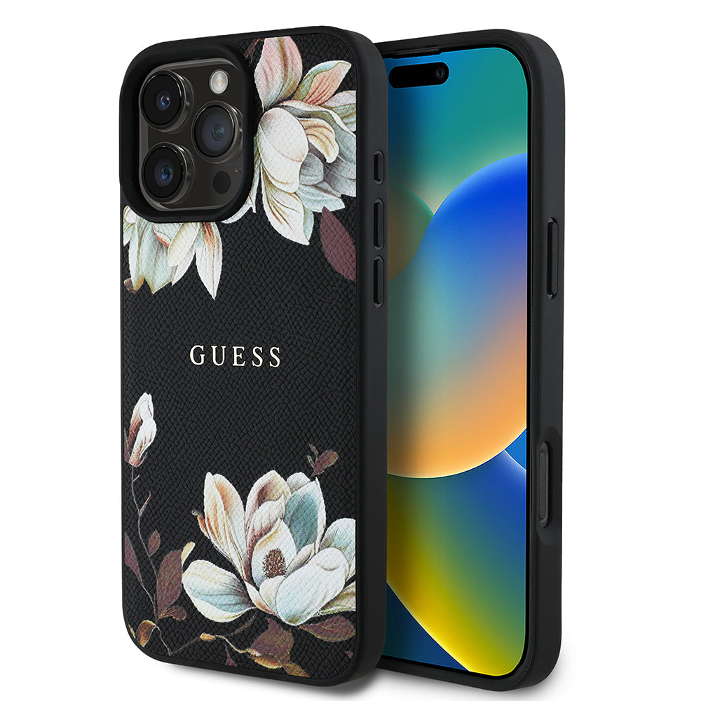 Apple iPhone 16 Pro Max Case Guess Original Licensed M-safe Charging Feature Grained Flower Design Metal Lettering Logo Cover Pink