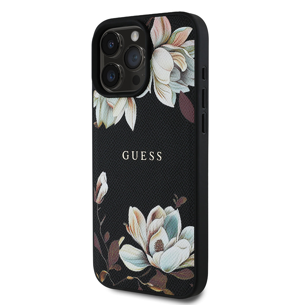 Apple iPhone 16 Pro Max Case Guess Original Licensed M-safe Charging Feature Grained Flower Design Metal Lettering Logo Cover Black