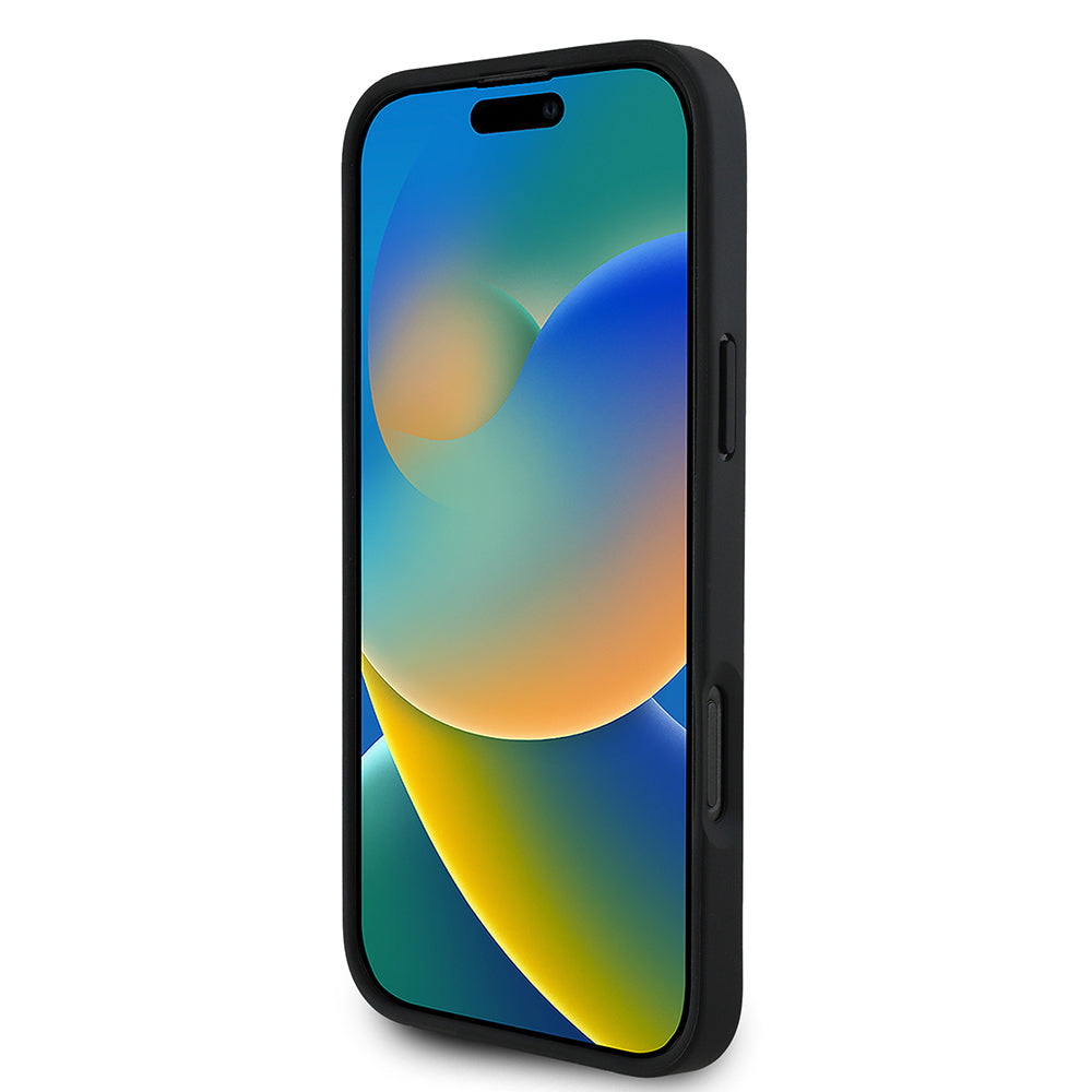 Apple iPhone 16 Pro Max Kılıf Guess Orjinal Lisanslı M-safe Şarj Özellikli Taneli Çiçek Tasarımlı Metal Yazı Logolu Kapak Siyah