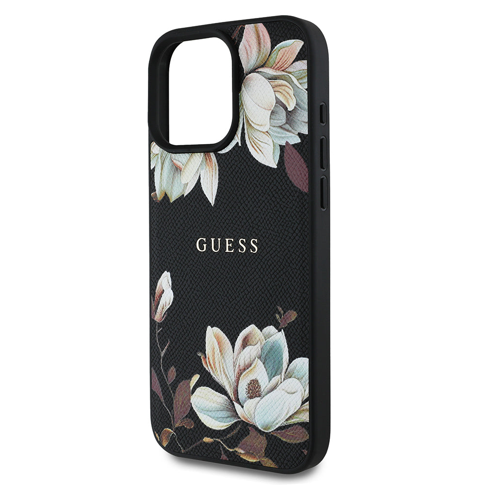 Apple iPhone 16 Pro Max Case Guess Original Licensed M-safe Charging Feature Grained Flower Design Metal Lettering Logo Cover Black