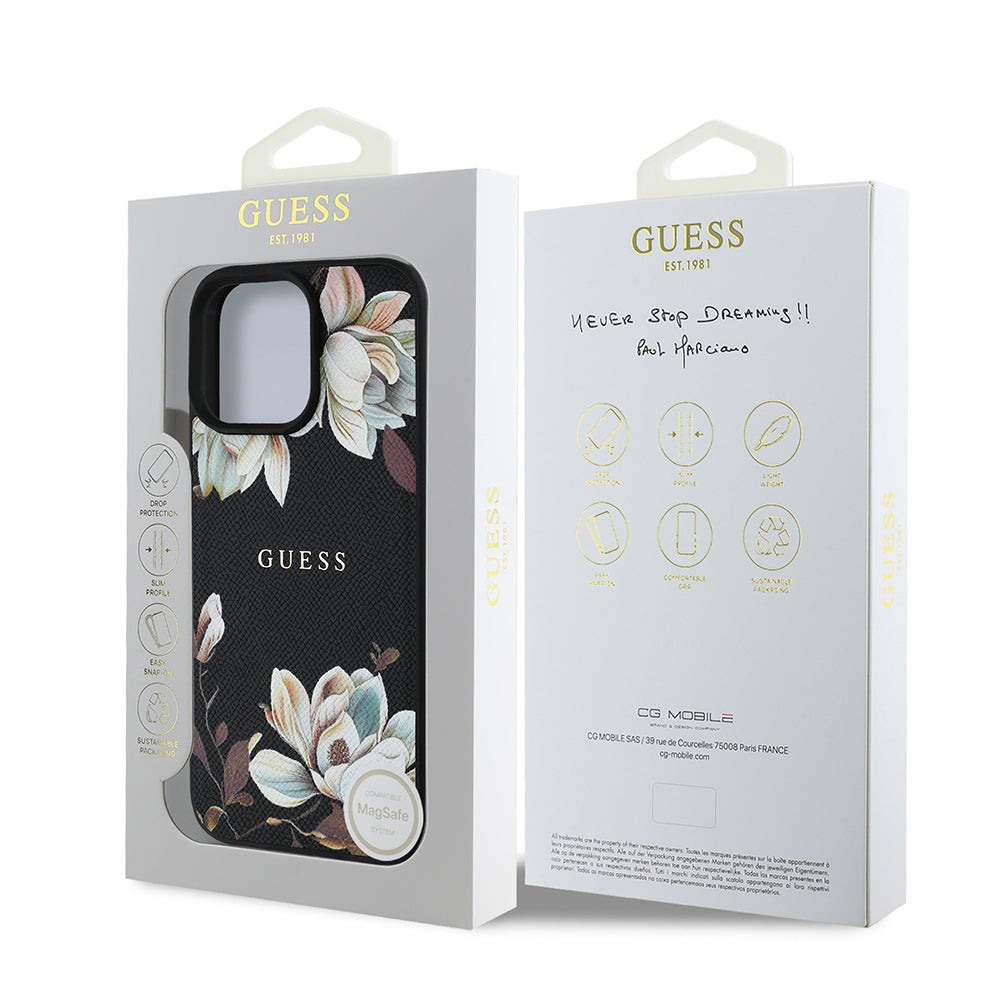 Apple iPhone 16 Pro Max Case Guess Original Licensed M-safe Charging Feature Grained Flower Design Metal Lettering Logo Cover Pink