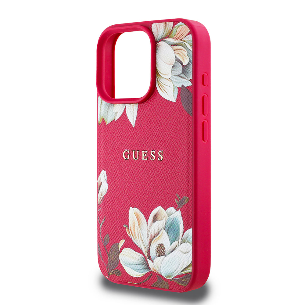 Apple iPhone 16 Pro Max Case Guess Original Licensed M-safe Charging Feature Grained Flower Design Metal Lettering Logo Cover Pink