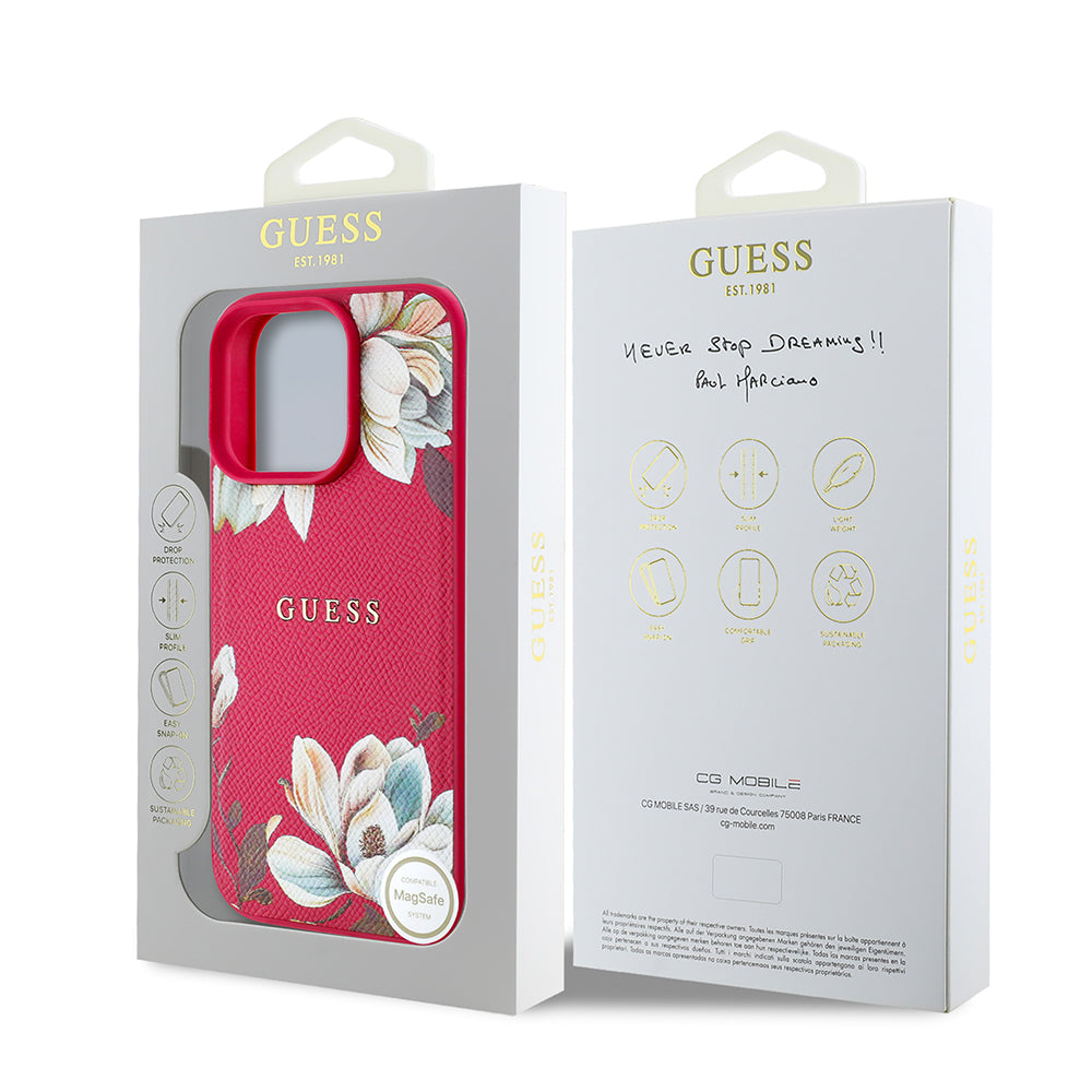 Apple iPhone 16 Pro Max Case Guess Original Licensed M-safe Charging Feature Grained Flower Design Metal Lettering Logo Cover Pink