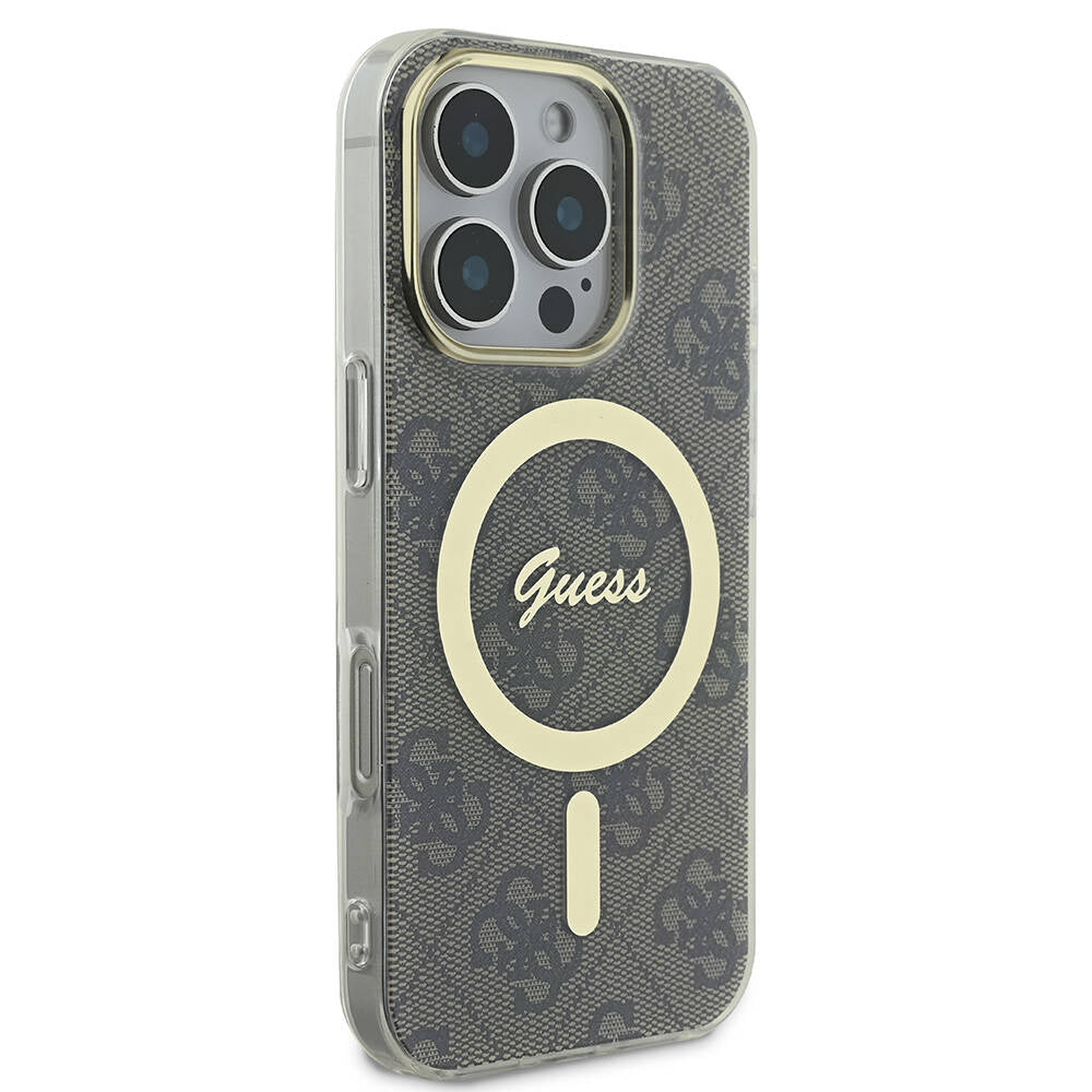 Apple iPhone 16 Pro Max Case Guess Original Licensed M-safe Charging Feature 4G Patterned Cover with Text Logo Brown