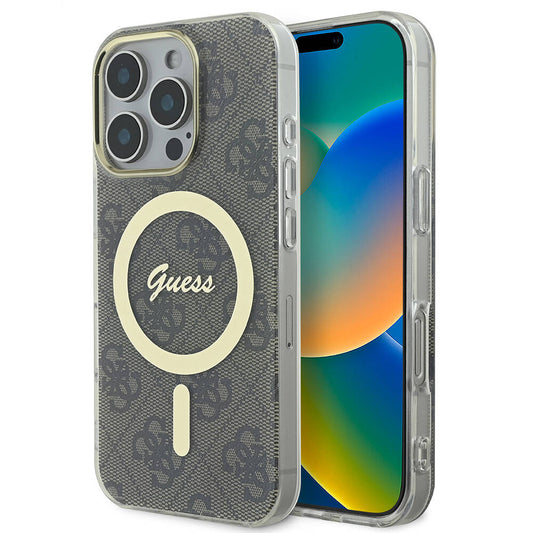 Apple iPhone 16 Pro Max Case Guess Original Licensed M-safe Charging Feature 4G Patterned Cover with Text Logo Brown
