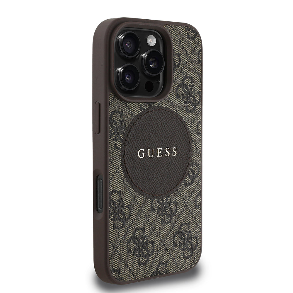 Apple iPhone 16 Pro Max Case Guess Original Licensed M-safe Charging Feature Circle Classic Cover Brown with Text Logo