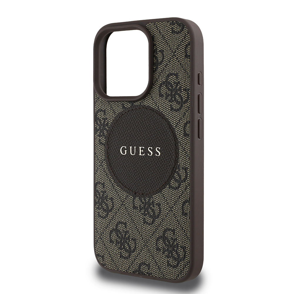 Apple iPhone 16 Pro Max Case Guess Original Licensed M-safe Charging Feature Circle Classic Cover Brown with Text Logo