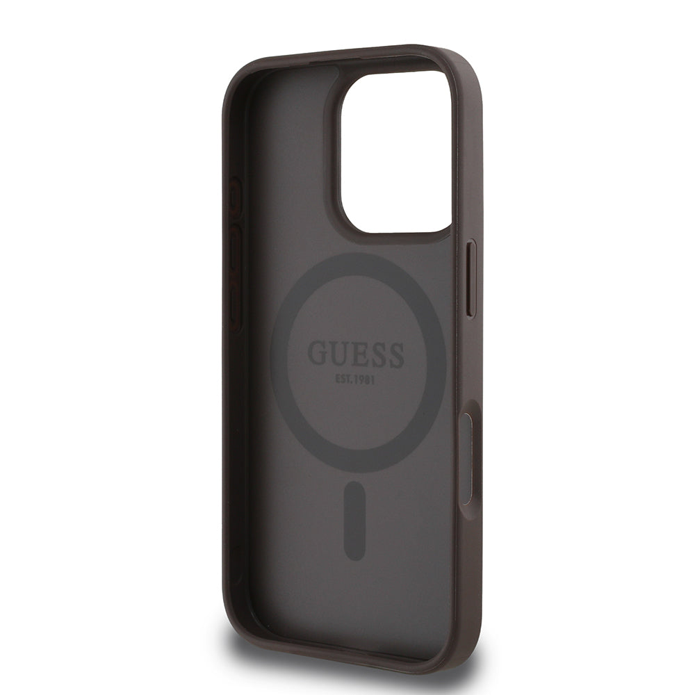 Apple iPhone 16 Pro Max Case Guess Original Licensed M-safe Charging Feature Circle Classic Cover Brown with Text Logo