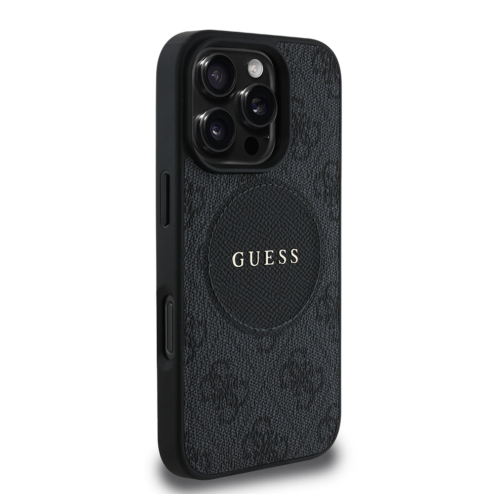 Apple iPhone 16 Pro Max Kılıf Guess Orjinal Lisanslı M-safe Şarj Özellikli Yazı Logolu Circle Classic Kapak Siyah