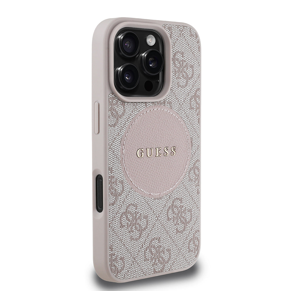Apple iPhone 16 Pro Max Case Guess Original Licensed M-safe Charging Feature Circle Classic Cover Pink with Text Logo