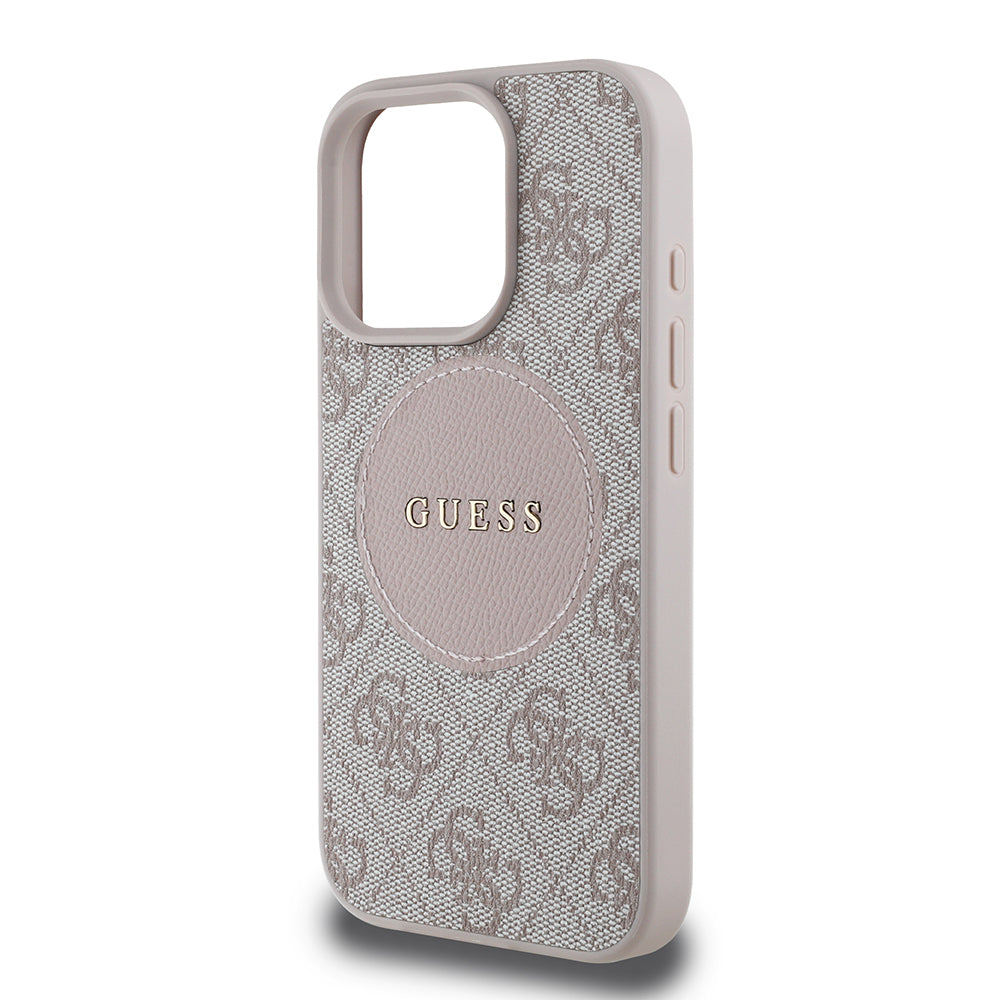Apple iPhone 16 Pro Max Case Guess Original Licensed M-safe Charging Feature Circle Classic Cover Pink with Text Logo