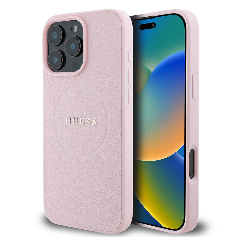 Apple iPhone 16 Pro Max Case Guess Original Licensed M-safe Charging Feature Grained Cover Pink with Text Logo