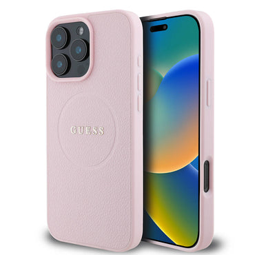 Apple iPhone 16 Pro Max Case Guess Original Licensed M-safe Charging Feature Grained Cover Pink with Text Logo