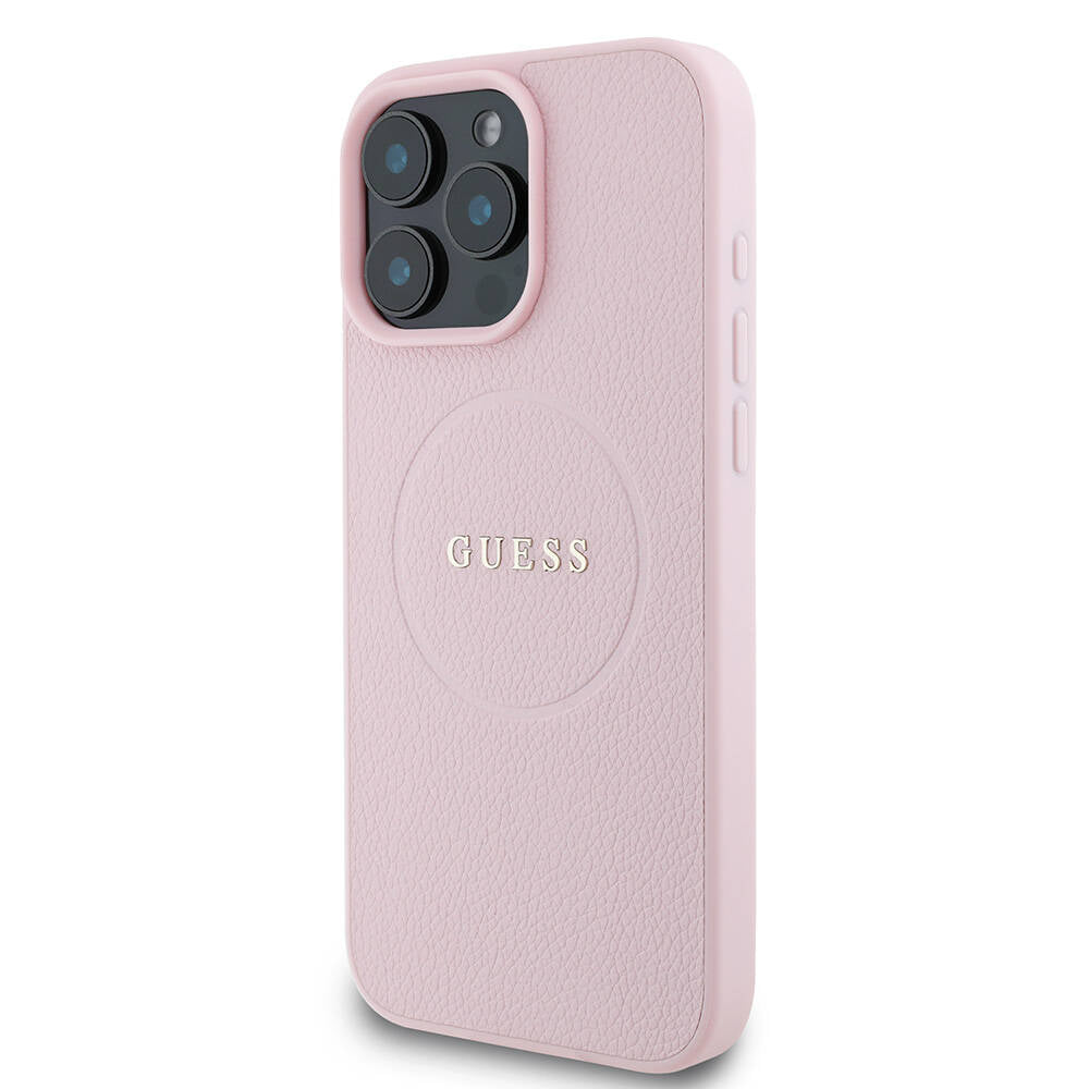Apple iPhone 16 Pro Max Case Guess Original Licensed M-safe Charging Feature Grained Cover Pink with Text Logo