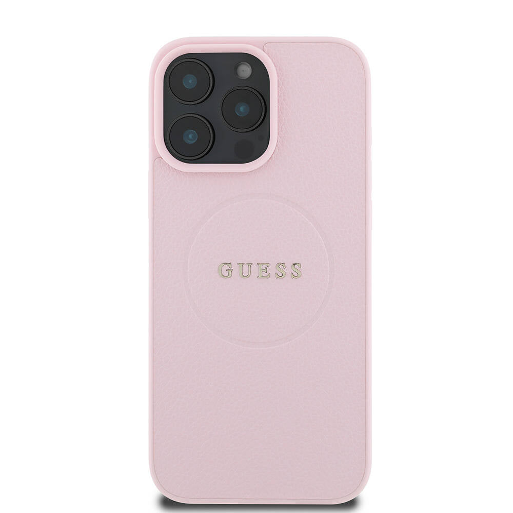 Apple iPhone 16 Pro Max Case Guess Original Licensed M-safe Charging Feature Grained Cover Pink with Text Logo