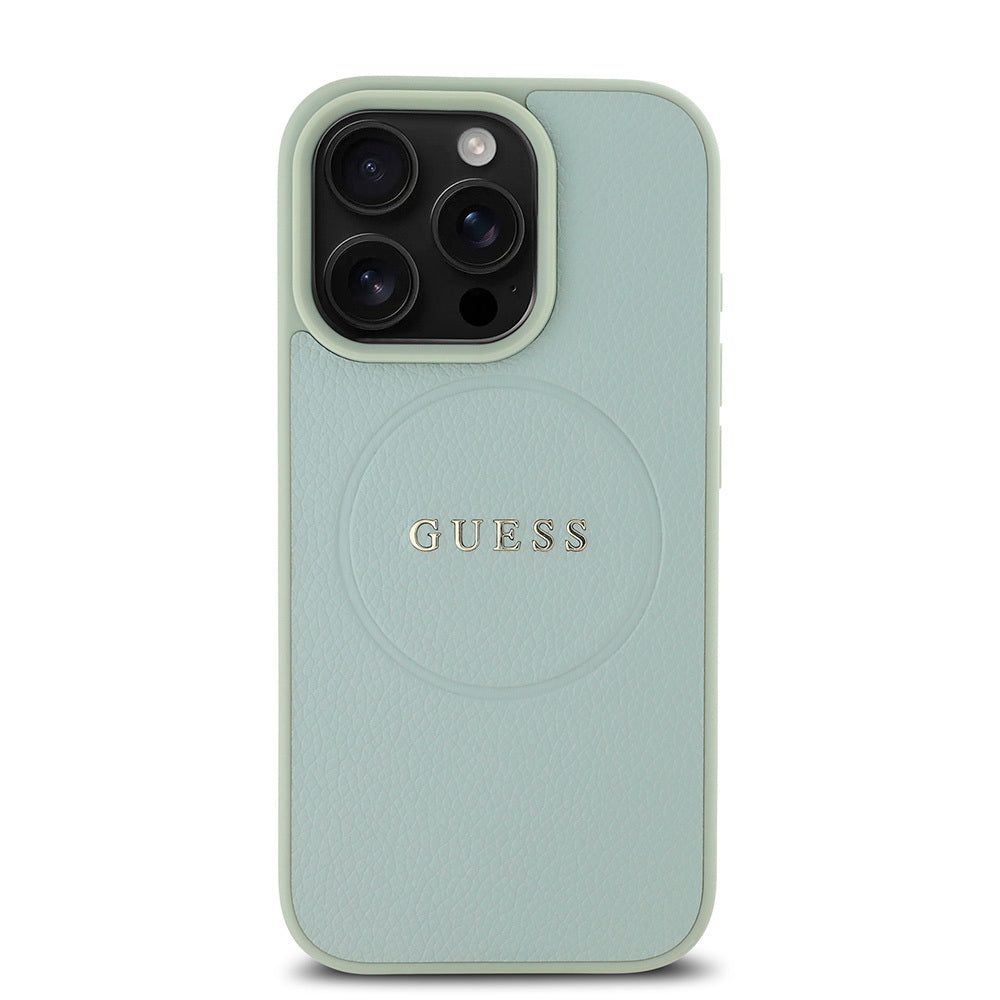 Apple iPhone 16 Pro Max Case Guess Original Licensed M-safe Charging Feature Grained Cover Green with Text Logo