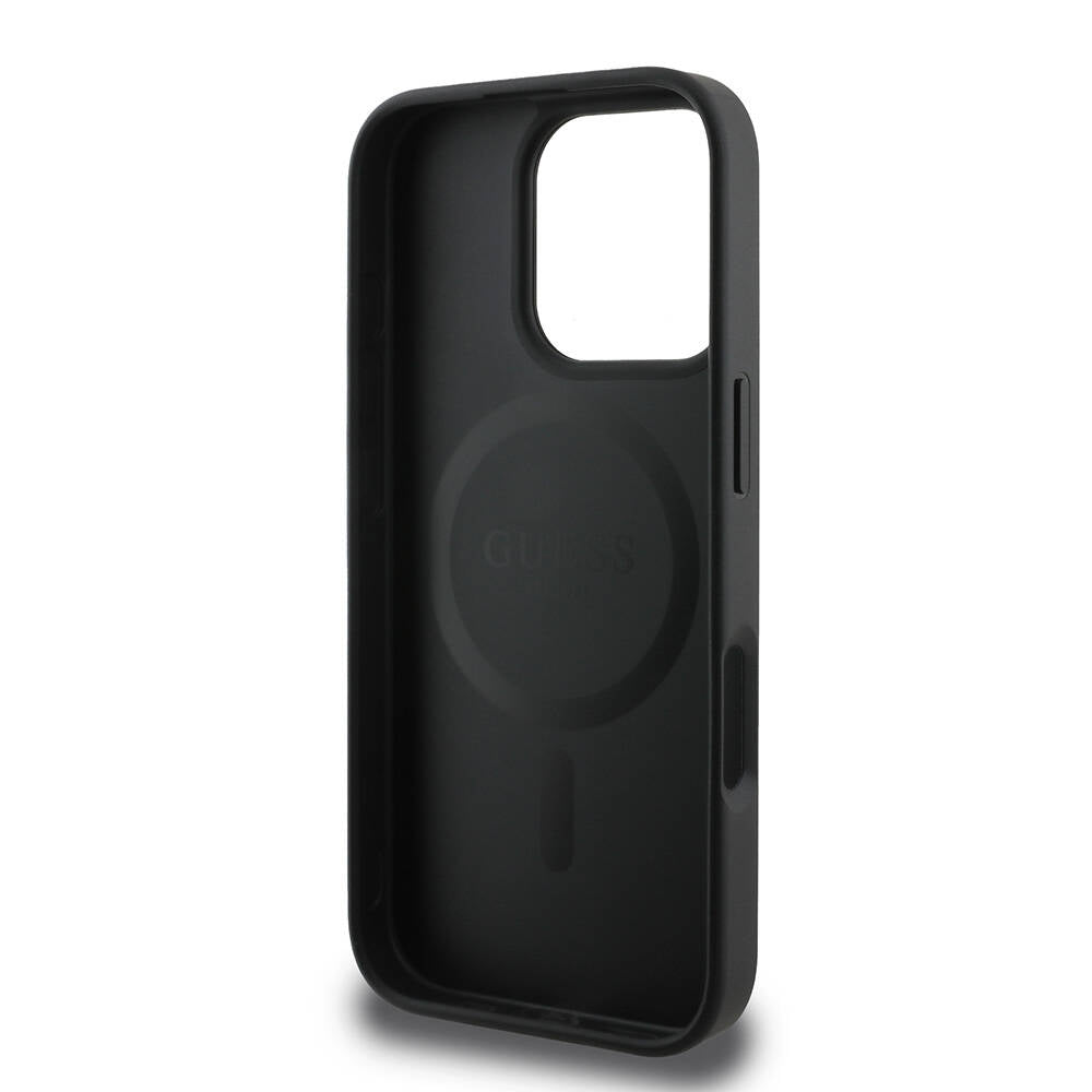 Apple iPhone 16 Pro Max Case Guess Original Licensed M-safe Charging Featured Peony Cover Black with Text Logo