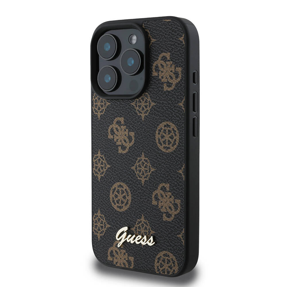 Apple iPhone 16 Pro Max Case Guess Original Licensed M-safe Charging Featured Peony Cover Black with Text Logo
