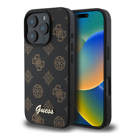 Apple iPhone 16 Pro Max Case Guess Original Licensed M-safe Charging Featured Peony Cover Black with Text Logo