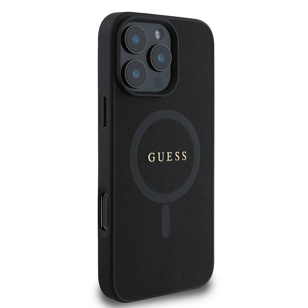 Apple iPhone 16 Pro Max Case Guess Original Licensed M-safe Charging Feature Saffiano Classic Cover Black with Text Logo