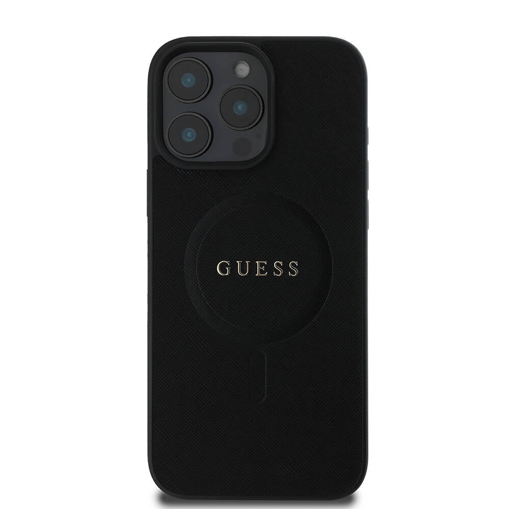 Apple iPhone 16 Pro Max Case Guess Original Licensed M-safe Charging Feature Saffiano Classic Cover Black with Text Logo