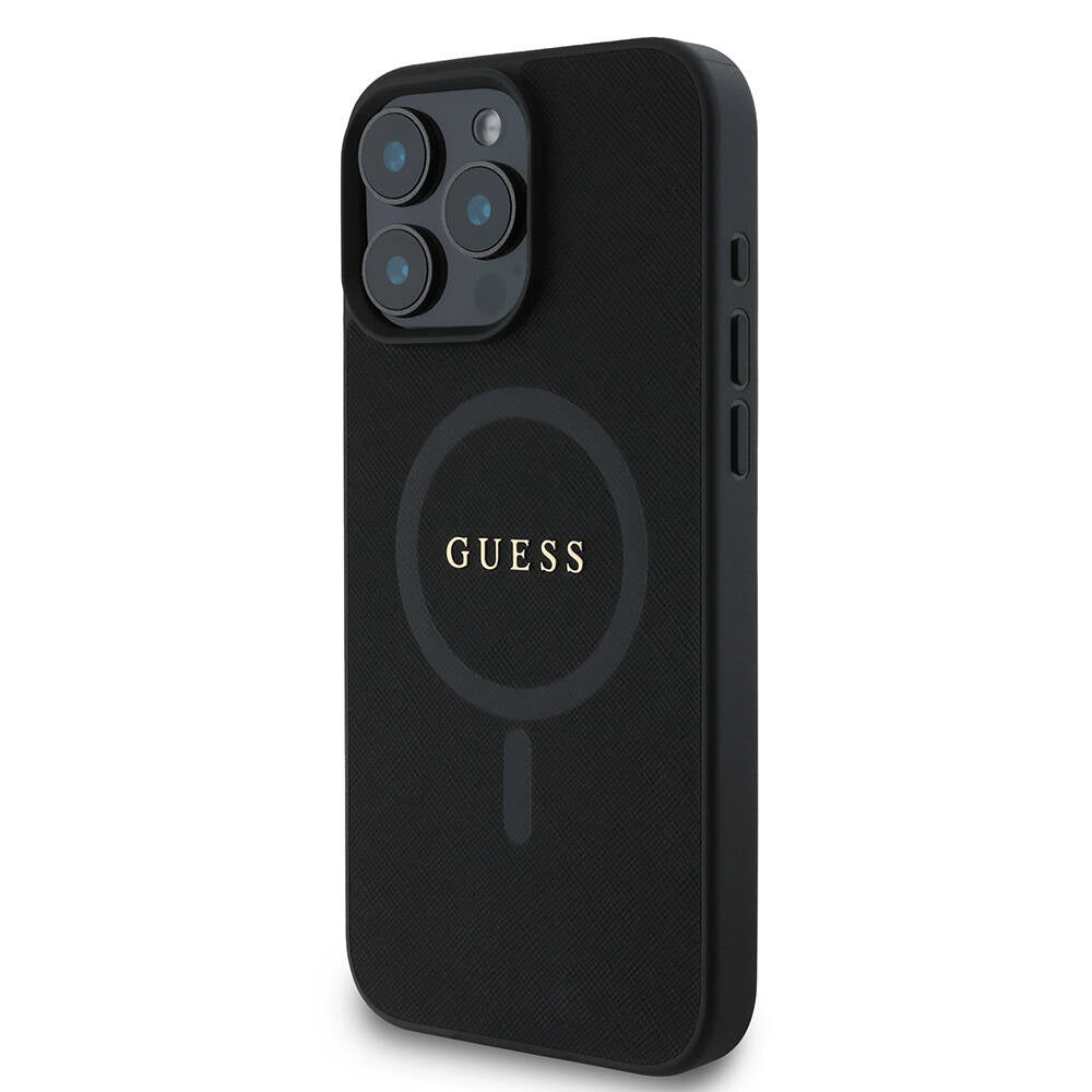 Apple iPhone 16 Pro Max Case Guess Original Licensed M-safe Charging Feature Saffiano Classic Cover Black with Text Logo