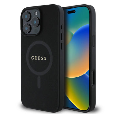 Apple iPhone 16 Pro Max Case Guess Original Licensed M-safe Charging Feature Saffiano Classic Cover Black with Text Logo