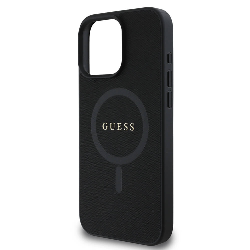 Apple iPhone 16 Pro Max Case Guess Original Licensed M-safe Charging Feature Saffiano Classic Cover Black with Text Logo