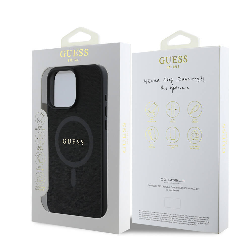 Apple iPhone 16 Pro Max Case Guess Original Licensed M-safe Charging Feature Saffiano Classic Cover Black with Text Logo