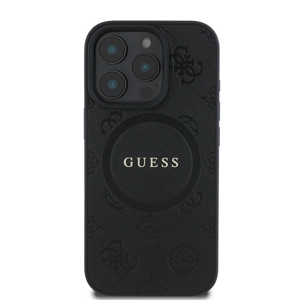 Apple iPhone 16 Pro Max Case Guess Original Licensed M-safe Charging Feature Text Logo Saffiano Peony Cover Black