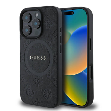 Apple iPhone 16 Pro Max Case Guess Original Licensed M-safe Charging Feature Text Logo Saffiano Peony Cover Black