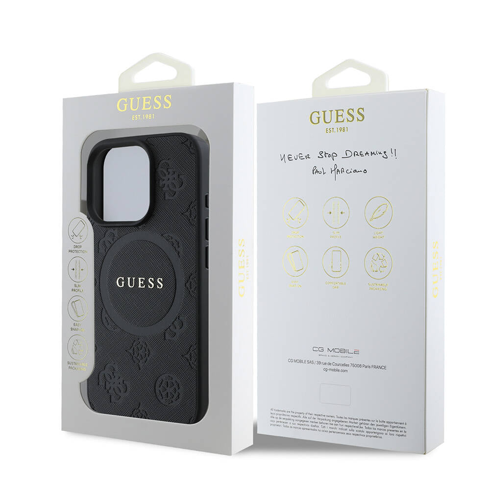 Apple iPhone 16 Pro Max Case Guess Original Licensed M-safe Charging Feature Text Logo Saffiano Peony Cover Black