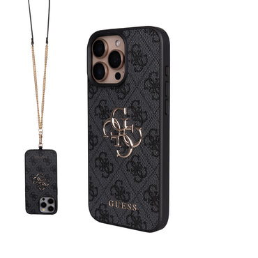 Apple iPhone 16 Pro Max Kılıf Guess Orjinal Lisanslı PU Deri 4G Büyük Metal Logolu Çapraz Vücut Askılı Kapak Kahverengi