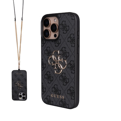 Apple iPhone 16 Pro Max Kılıf Guess Orjinal Lisanslı PU Deri 4G Büyük Metal Logolu Çapraz Vücut Askılı Kapak Kahverengi