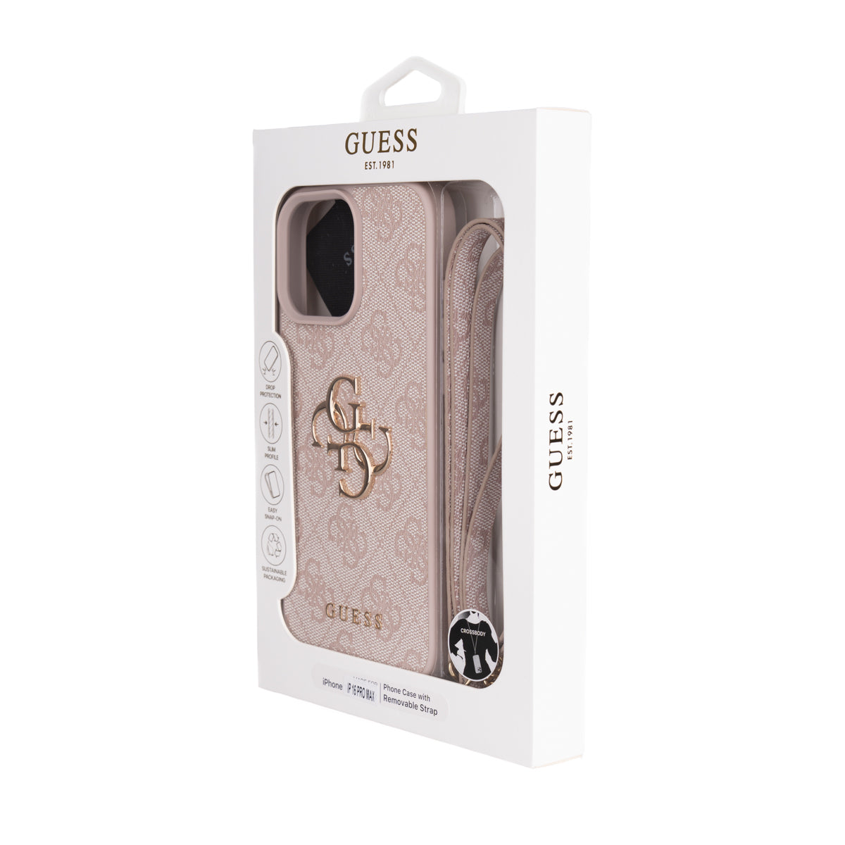 Apple iPhone 16 Pro Max Kılıf Guess Orjinal Lisanslı PU Deri 4G Büyük Metal Logolu Çapraz Vücut Askılı Kapak Pembe