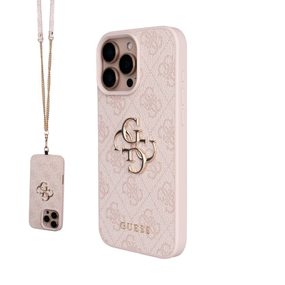 Apple iPhone 16 Pro Max Kılıf Guess Orjinal Lisanslı PU Deri 4G Büyük Metal Logolu Çapraz Vücut Askılı Kapak Pembe