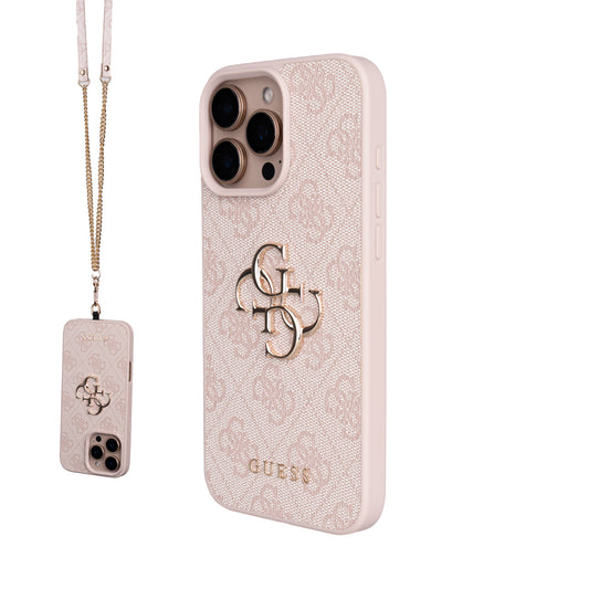 Apple iPhone 16 Pro Max Kılıf Guess Orjinal Lisanslı PU Deri 4G Büyük Metal Logolu Çapraz Vücut Askılı Kapak Pembe