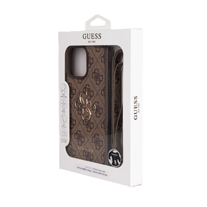 Apple iPhone 16 Pro Max Kılıf Guess Orjinal Lisanslı PU Deri 4G Büyük Metal Logolu Çapraz Vücut Askılı Kapak Pembe