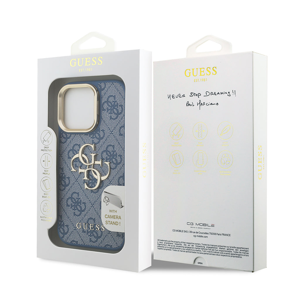 Apple iPhone 16 Pro Max Kılıf Guess Orjinal Lisanslı PU Deri 4G Desenli Metal Büyük 4G ve Yazı Logolu Kamera Standlı Kapak Mavi